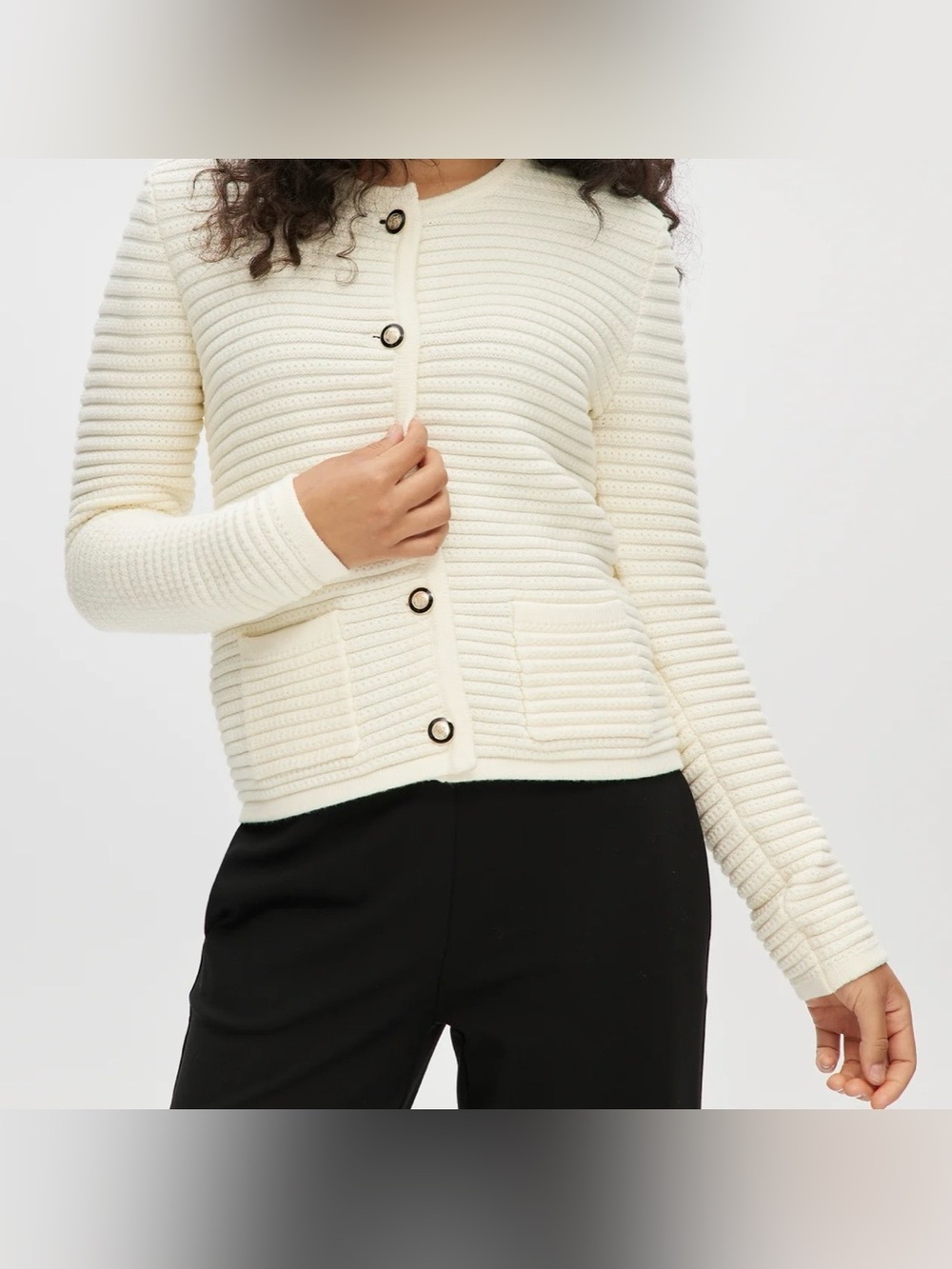 Hilary Radley Women’s Chunky Knit Golden Button & Pockets Cardigan, Cream-M-NWT